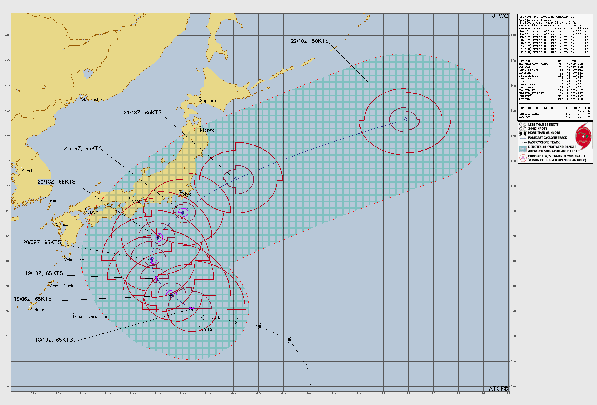 JTWC graphic for Typhoon 24W (Dujuan) — Warning NR 014 track/intensity product