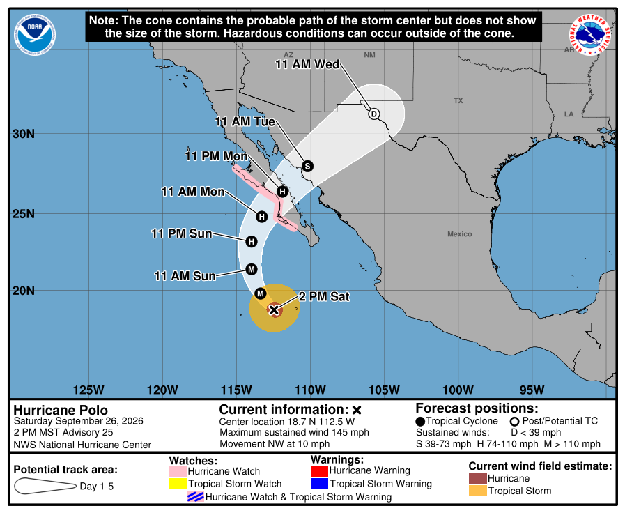 NHC 5-day cone for Hurricane Polo, 2 PM MST Advisory 25 — center 18.7 N 112.5 W, forecast track toward Baja California Sur Monday