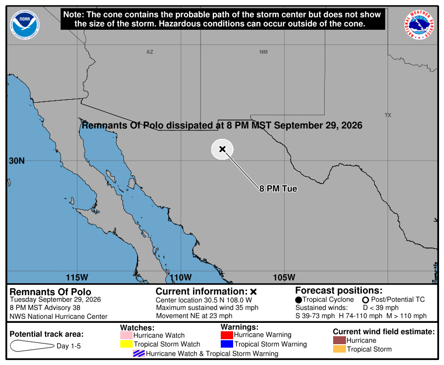 NHC 5-day cone graphic for the Remnants of Polo, 8 PM MST Advisory 38 — remnant center 30.5 N 108.0 W over northwestern Mexico, labeled dissipated at 8 PM MST September 29, 2026