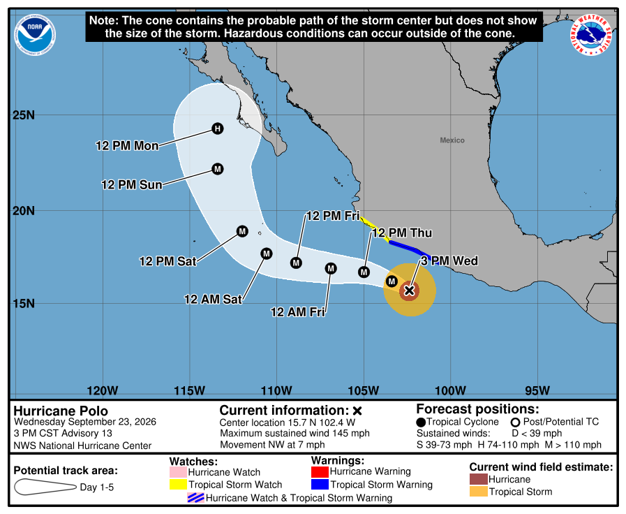 NHC 5-day cone for Hurricane Polo off southwestern Mexico