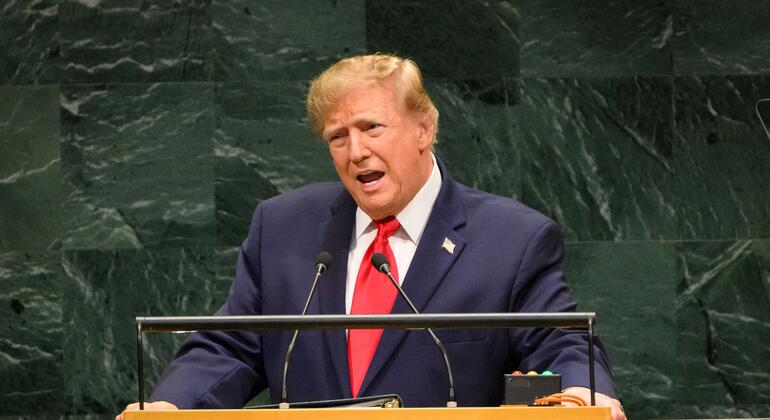 UN Photo still from U.S. address at the General Assembly — Wire lead splash for UNGA annihilate / settlement / Hormuz talks card